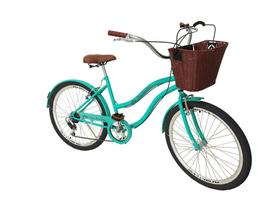 Bicicleta aro 26 retrô vintage com cesta vime plast 6v verde