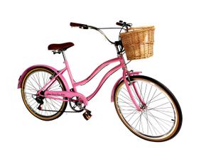 Bicicleta Aro 26 Retrô Vintage Feminina Cesta 6V Rosa