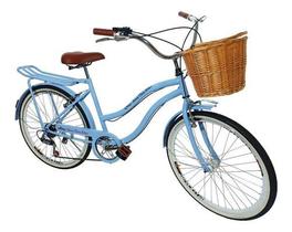 Bicicleta Aro 26 Retrô Vintage Feminina Cesta Azul BB