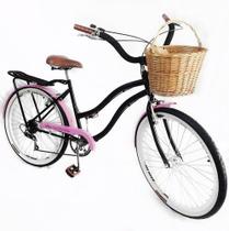 Bicicleta Aro 26 Retrô Vintage Feminina Cesta Preto Com Rosa