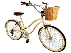 Bicicleta Aro 26 Retrô Vintage Feminina Cesta Vime 6V Bege