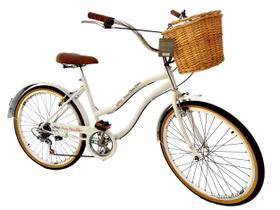 Bicicleta Aro 26 Retrô Vintage Feminina Cesta Vime 6V branco