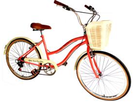 Bicicleta Aro 26 Retrô Vintage Feminina Cesta Vime 6V Salmão