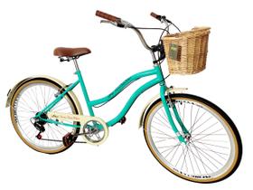 Bicicleta Aro 26 Retrô Vintage Feminina Cesta Vime 6V Verde - Maria Clara Bikes