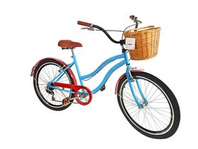 Bicicleta aro 26 retrô vintage passeio cesta vime 6v azul