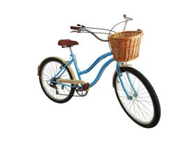 Bicicleta aro 26 retrô vintage passeio cesta vime 6v azul