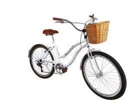 Bicicleta aro 26 retrô vintage passeio cesta vime 6v Branco - Maria Clara Bikes