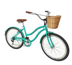 Bicicleta aro 26 retrô vintage passeio cesta vime 6v verde