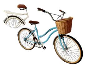 Bicicleta Aro 26 Retrô Vintage Vime Bagageiro Azul BB Branco