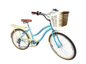 Bicicleta aro 26 urbana retrô 6v cesta grande bagageiro azul