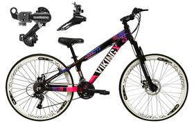 Bicicleta Aro 26 Vikingx Tuff 21v Alumínio Câmbio Shimano Freio a Disco Aros Vmaxx Brancos - Preto/Rosa