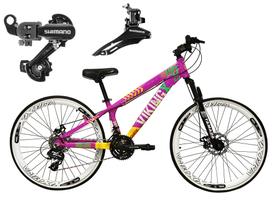 Bicicleta Aro 26 Vikingx Tuff 21v Alumínio Câmbio Shimano Freio a Disco Aros Vmaxx Brancos - Roxo/Amarelo