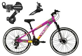 Bicicleta Aro 26 Vikingx Tuff 21v Alumínio Câmbio Shimano Freio a Disco Aros Vmaxx Pretos - Roxo/Amarelo Bicicleta Aro 26 Vikingx Tuff 21v Alumínio Câmbio Shimano Freio a Disco Aros Vmaxx Pretos - Roxo/Amarelo