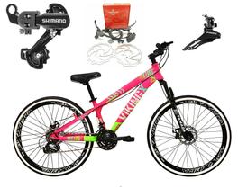 Bicicleta Aro 26 Vikingx Tuff 21v Alumínio Câmbios Shimano Freio a Disco Hidráulicos Aros Vmaxx Pretos - Rosa/Verde