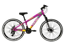 Bicicleta Aro 26 Vikingx Tuff 21v Alumínio Freio a Disco Aros Vmaxx Pretos - Roxo/Amarelo