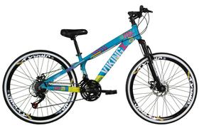 Bicicleta Aro 26 Vikingx Tuff Azul com Amarelo 21v Alumínio Freio a Disco Aros Vmaxx Pretos