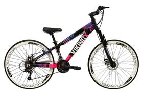 Bicicleta Aro 26 Vikingx Tuff Preto com Rosa 21v Alumínio Freio a Disco Aros Vmaxx Brancos