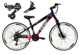 Bicicleta Aro 26 Vikingx Tuff Preto/Rosa 21v Alumínio Câmbio Shimano Freio a Disco Aros Vmaxx Branco