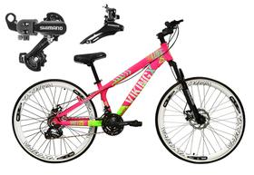 Bicicleta Aro 26 Vikingx Tuff Rosa/Verde 21v Alumínio Câmbio Shimano Freio a Disco Aros Vmaxx Brancos Bicicleta Aro 26 Vikingx Tuff Rosa/Verde 21v Alumínio Câmbio Shimano Freio a Disco Aros Vmaxx Brancos