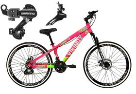 Bicicleta Aro 26 Vikingx Tuff Rosa/Verde 21v Alumínio Câmbio Shimano Freio a Disco Aros Vmaxx Pretos Bicicleta Aro 26 Vikingx Tuff Rosa/Verde 21v Alumínio Câmbio Shimano Freio a Disco Aros Vmaxx Pretos