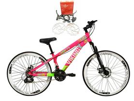 Bicicleta Aro 26 Vikingx Tuff Rosa/Verde 21v Alumínio Freio Hidráulico a Disco Aros Vmaxx Branco
