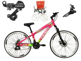 Bicicleta Aro 26 Vikingx Tuff Rosa/Verde X25 21v Alumínio Câmbios Shimano Freio a Disco Hidráulicos Aros Vmaxx Brancos Bicicleta Aro 26 Vikingx Tuff Rosa/Verde X25 21v Alumínio Câmbios Shimano Freio a Disco Hidráulicos Aros Vmaxx Brancos
