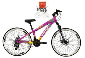 Bicicleta Aro 26 Vikingx Tuff Roxo/Amarelo 21v Alumínio Freio Hidráulico a Disco Aros Vmaxx Branco