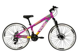 Bicicleta Aro 26 Vikingx Tuff Roxo com Amarelo 21v Alumínio Freio a Disco Aros Vmaxx Brancos