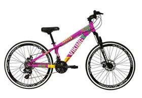 Bicicleta Aro 26 Vikingx Tuff Roxo com Amarelo 21v Alumínio Freio a Disco Aros Vmaxx Pretos Bicicleta Aro 26 Vikingx Tuff Roxo com Amarelo 21v Alumínio Freio a Disco Aros Vmaxx Pretos