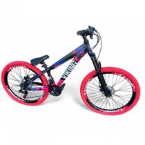 Bicicleta Aro 26 Vikingx Tuff X25 Freeride 21v Aros Vmaxx Dh Freio A Disco Pneu Flame - Preto-rosa Bicicleta Aro 26 Vikingx Tuff X25 Freeride 21v Aros Vmaxx Dh Freio A Disco Pneu Flame - Preto-rosa