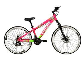 Bicicleta Aro 26 Vikingx Tuff X25 Rosa/Verde 21v Freio a Disco Aros Vmaxx Brancos