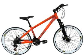 Bicicleta Aro 26 Vikingx Tuff X35 Laranja 21v Cabeamento Interno Câmbios Shimano Freeride Dh Freio a Disco Aros Vmaxx Brancos
