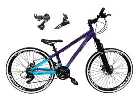 Bicicleta Aro 26 Vikingx Tuff X44 Roxo/Azul 21v Câmbios Shimano Tz Freio a Disco Rodas Vmaxx Preto