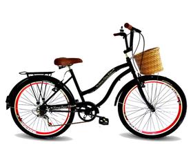 Bicicleta aro 26 vintage retrô cesta tipo vime 6 marchas pto
