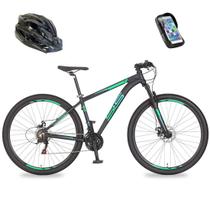 Bicicleta Aro 29 21v Shimano Big Evolution 3.0 Preto Fosco Acqua Blue com Capacete e Bolsa