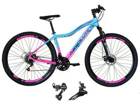 Bicicleta aro 29 Absolute Hera Alumínio 21 Marchas Câmbios Shimano Freio a Disco - Azul/Rosa
