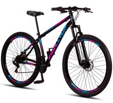 Bicicleta Aro 29 Aço Carbono Highlevel Freios a Disco Suspensão 21 marchas Azul e Rosa Bicicleta Aro 29 Aço Carbono Highlevel Freios a Disco Suspensão 21 marchas Azul e Rosa