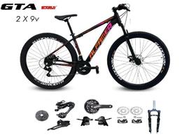 Bicicleta Aro 29 Alfameq AFX Kit 2x9 Gta Sunrun Freio Disco K7 11/36 Pedivela 24/38d Garfo com Trava - Preto/Laranja/Pink