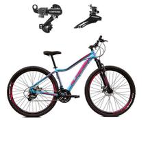 Bicicleta Aro 29 Alfameq Pandora Feminina Alumínio Câmbios Shimano 21v Freio a Disco Garfo Suspensão - Azul/Rosa