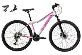 Bicicleta Aro 29 Alfameq Pandora Feminina Alumínio Câmbios Shimano 21v Freio a Disco Garfo Suspensão - Branco/Rosa