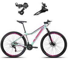 Bicicleta Aro 29 Alfameq Pandora Feminina Alumínio Câmbios Shimano 21v Freio a Disco Garfo Suspensão - Verde/Rosa