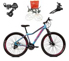 Bicicleta Aro 29 Alfameq Pandora Feminina Alumínio Câmbios Shimano 21v Freios a Disco Hidráulicos Garfo Suspensão - Azul/Rosa