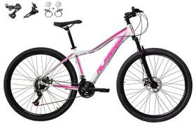 Bicicleta Aro 29 Alfameq Pandora Feminina Alumínio Câmbios Shimano 21v Freios a Disco Hidráulicos Garfo Suspensão - Branco/Rosa