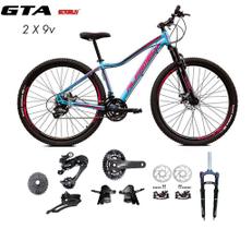 Bicicleta Aro 29 Alfameq Pandora Kit 2x9 Gta Sunrun Freio Disco K7 11/36 Pedivela 24/38d Garfo com Trava - Azul/Rosa Bicicleta Aro 29 Alfameq Pandora Kit 2x9 Gta Sunrun Freio Disco K7 11/36 Pedivela 24/38d Garfo com Trava - Azul/Rosa
