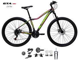 Bicicleta Aro 29 Alfameq Pandora Kit 2x9 Gta Sunrun Freio Disco K7 11/36 Pedivela 24/38d Garfo com Trava - Preto/Amarelo/Pink