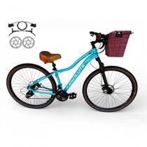 Bicicleta Aro 29 Feminina Absolute Hera Retrô Vintage 21v Hidráulica Confortável Cesta Selim 2 Molas - Azul Tam 15