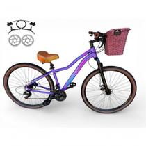 Bicicleta Aro 29 Feminina Absolute Hera Retrô Vintage 21v Hidráulica Confortável Cesta Selim 2 Molas - Lilas Tam 17
