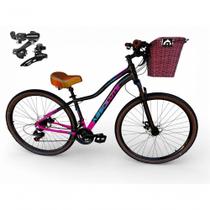Bicicleta Aro 29 Feminina Absolute Hera Retrô Vintage 21v Shimano Confortável Cesta Selim 2 Molas - Preto/rosa Tam 17