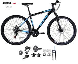 Bicicleta Aro 29 GTA Start Kit 2x9 Gta Sunrun Freio Disco K7 11/36 Pedivela 24/38d Garfo com Trava - Preto/Azul Bicicleta Aro 29 GTA Start Kit 2x9 Gta Sunrun Freio Disco K7 11/36 Pedivela 24/38d Garfo com Trava - Preto/Azul