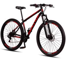 Bicicleta Aro 29 Highlevel Aço Carbono Freios a Disco Suspensão 21 marchas Preto e Vermelho Bicicleta Aro 29 Highlevel Aço Carbono Freios a Disco Suspensão 21 marchas Preto e Vermelho